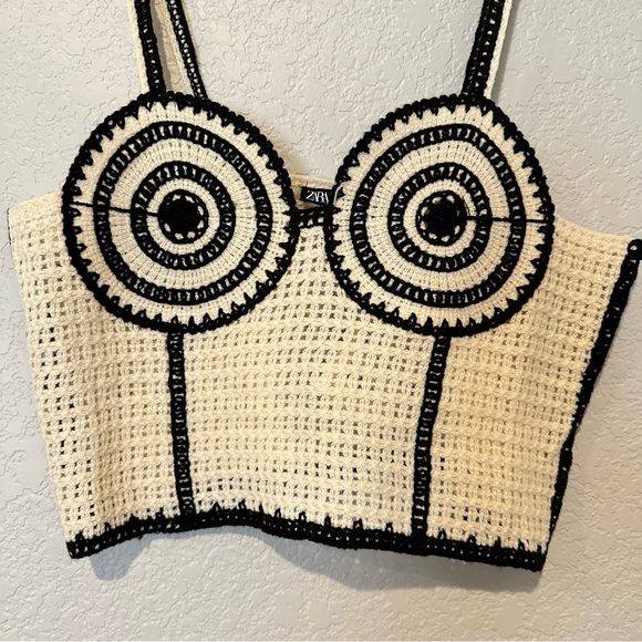 New Zara Crochet Corset Cream Black Top 1014/804 Medium Large - Picture 3 of 9